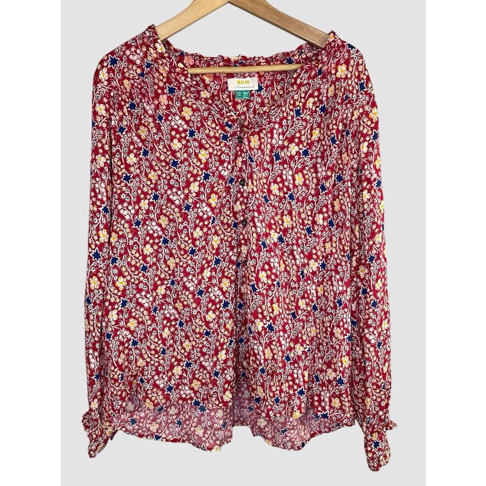 Maeve Anthropologie Boho Geometric Floral Tunic Top Long Sleeve Blouse Size XL